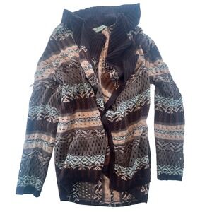 Absolutely Famous Knit Open Front Cardigan Sweater Brown Tan Fair Isle M